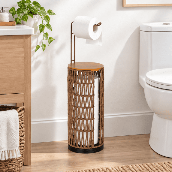 Freestanding Toilet Paper Holder with Rattan Storage for Bathroom, Boho ...