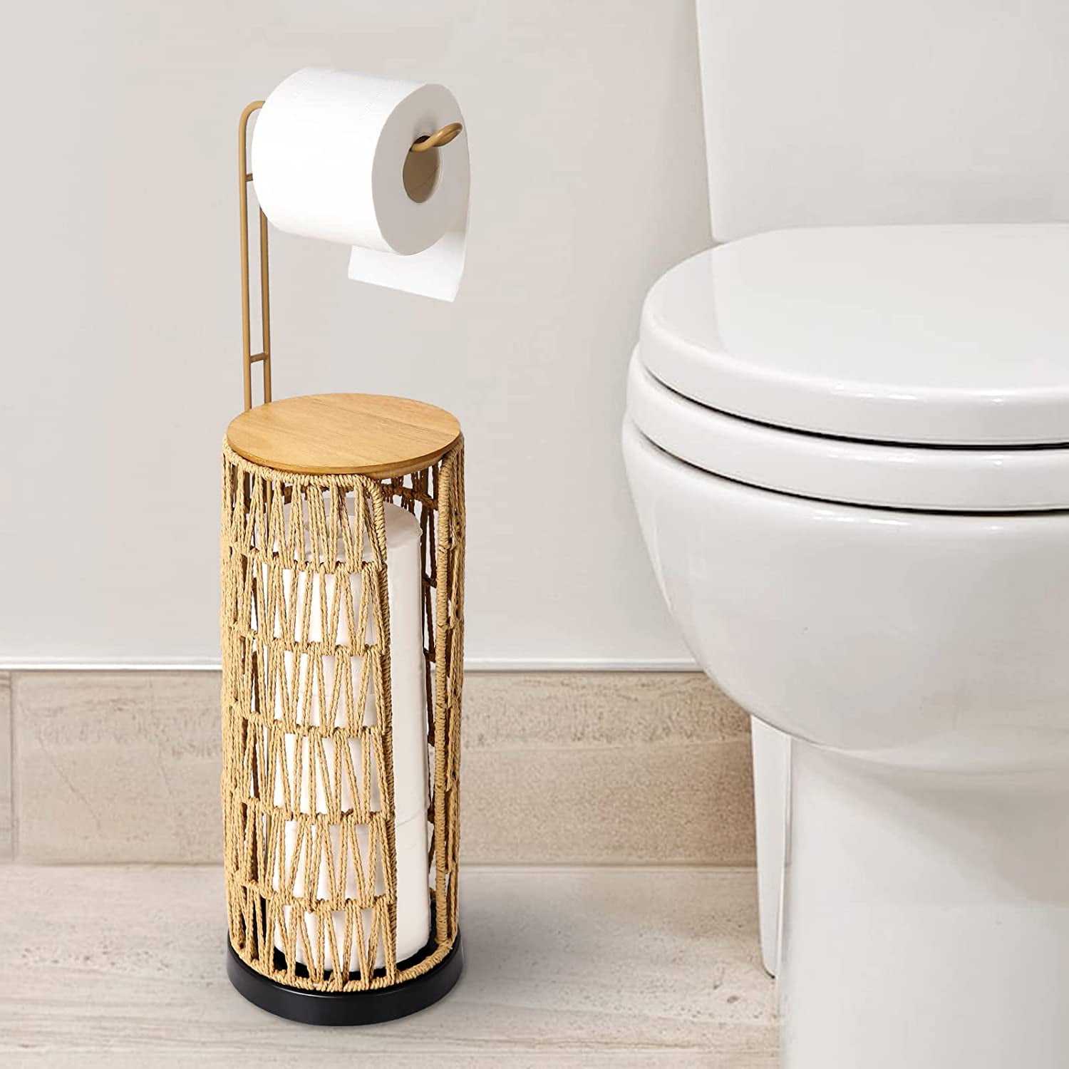 Freestanding Toilet Paper Holder With Storage 3 Rolls Of Tissue For Bathroom Handmade Woven Roll Stand Rattan Sturdy Boho Decor Farmhouse
