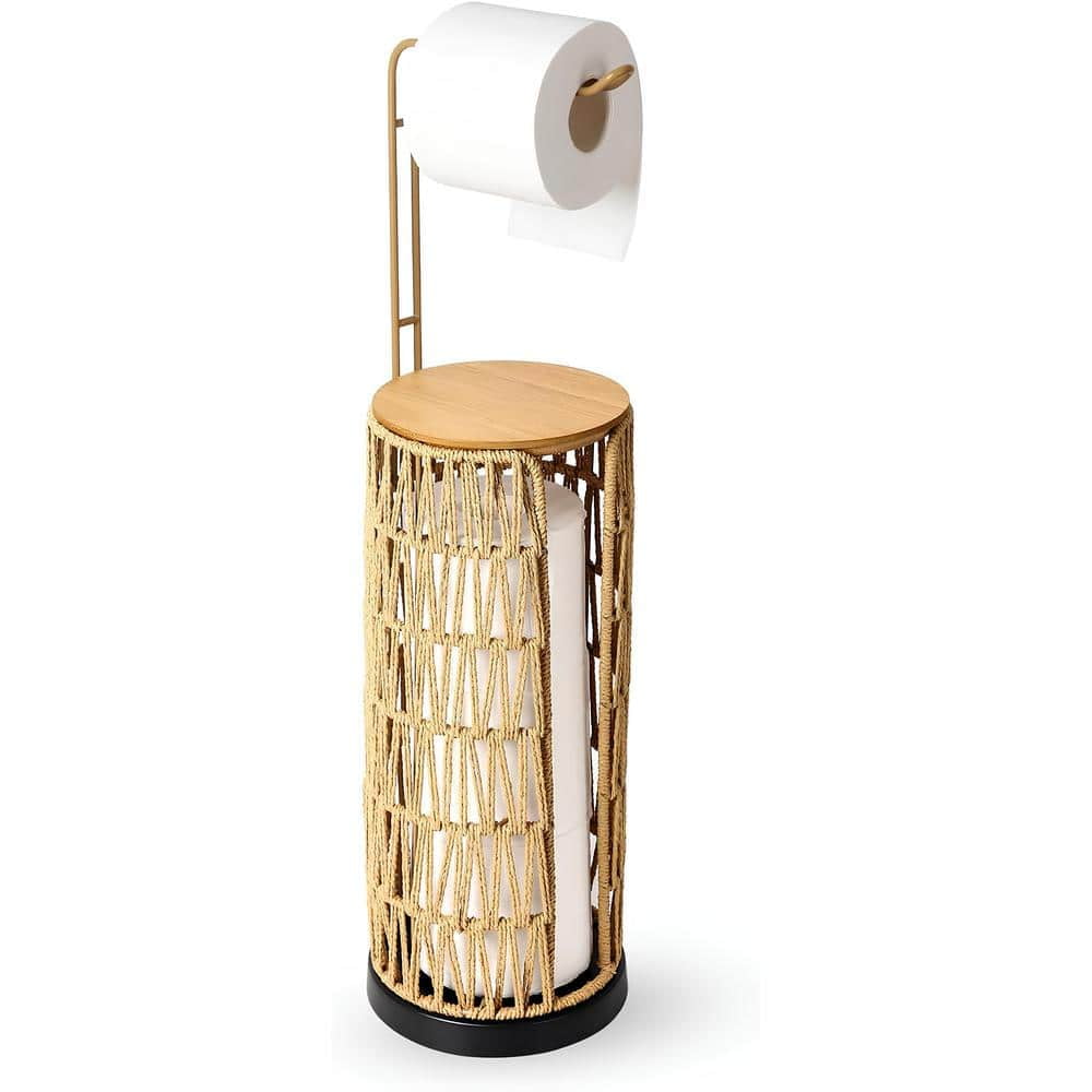 Brown Wicker Freestanding Toilet Paper Holder with Storage