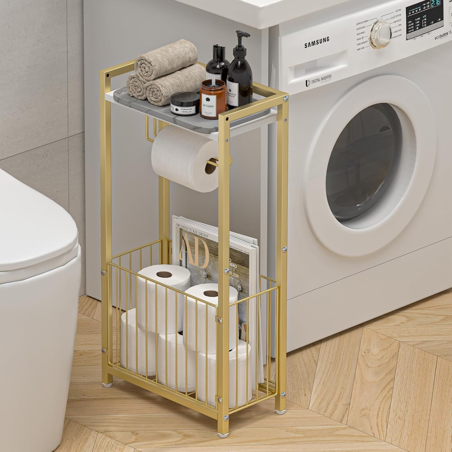 Freestanding Toilet Paper Holder with Storage Shelf - Gold Metal Frame Organizer for Bathroom Tissues and