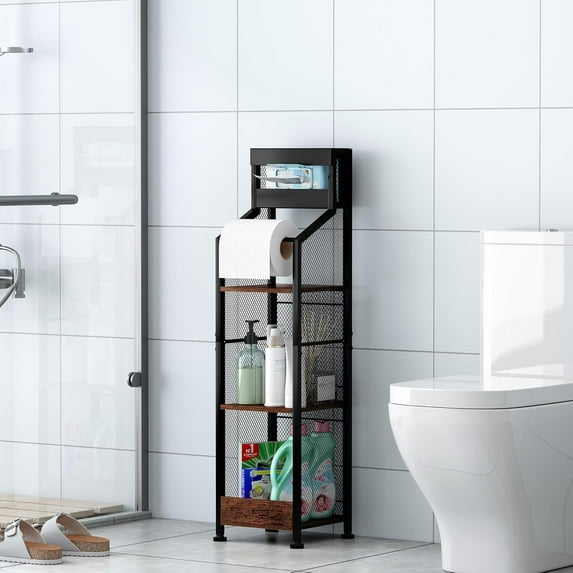 Freestanding Toilet Paper Holder with Wipes Storage, 4-Tier Narrow Cabinet for Bathroom, Kitchen, Vintage/Black