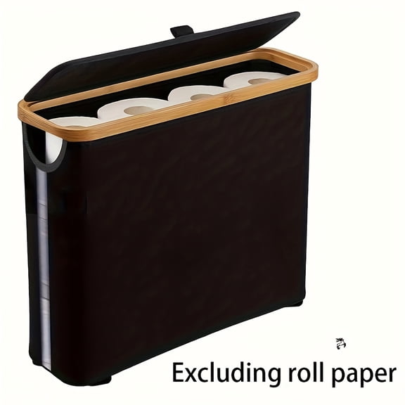 Freestanding Toilet Paper Storage Holder, Black Foldable Bathroom Storage Box with Bamboo Lid, Large Capacity Organizer for 12 Toilet Paper Rolls