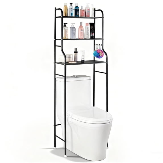 Freestanding Over The Toilet Storage Organizer 3 Tier Space Saving Bathroom Rack with Paper Holder and 4 Hooks 64 Inch Tall Carbon Steel Shelf for Small Bathroom Laundry Room Black