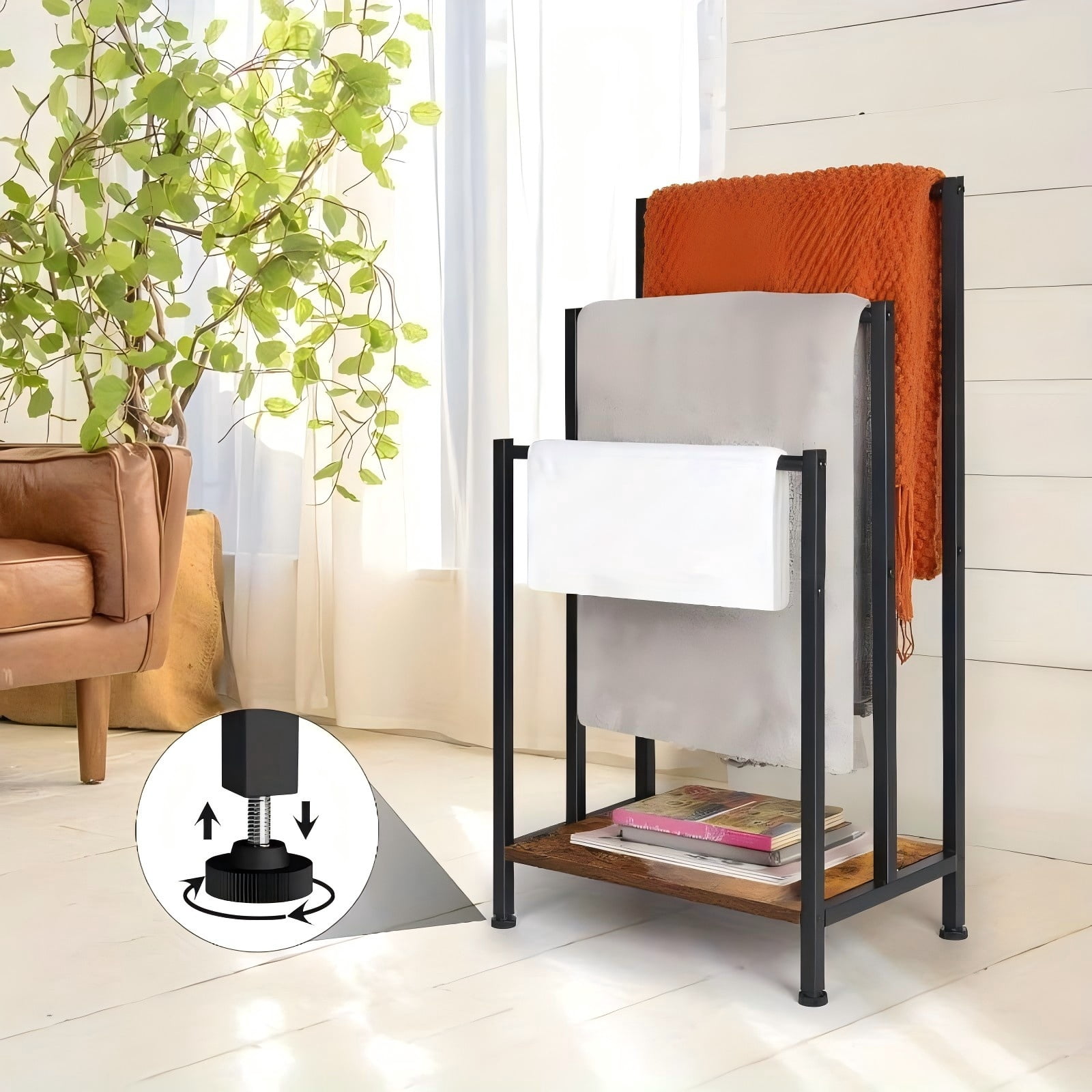 Freestanding Towel Rack, 3 Tier Blanket Ladder Holder Stand with Shelf ...