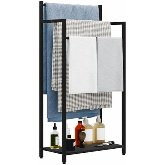 Freestanding Towel Rack, 3 Tier Blanket Ladder Stand with Black Wooden Shelf for Bathroom Living Room (31.5H x 16.9W x7.9D)$$Home Decor, Kitchen, & Other