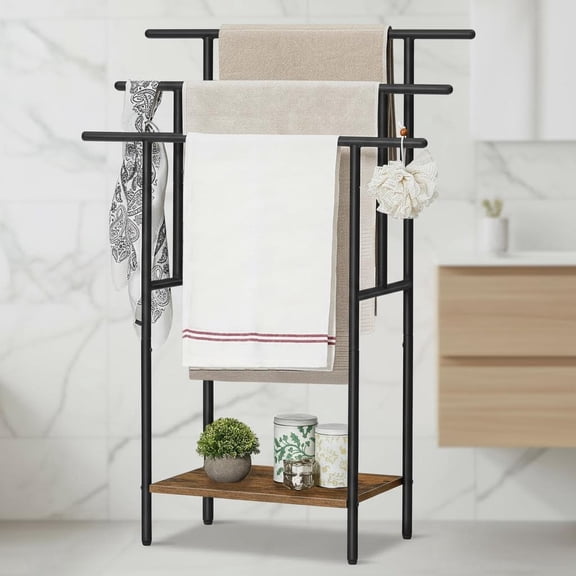 Freestanding Towel Rack, 3 Tier Stepped Blanket Rack with Shelf, Oversized Bath Towels Drying and Display Rack, Black and Rustic Brown