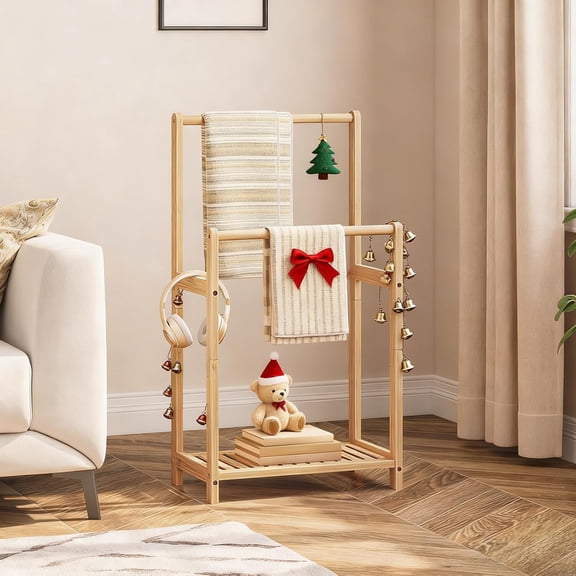 Freestanding Towel Rack for Bathroom, 2 Tier Decorative Bamboo Blanket Rack, Quilt Display Stand with Storage Shelf, Bedroom, Living Room, Natural Color