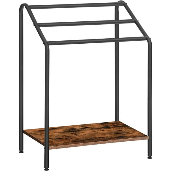 Freestanding Towel-Rack for Bathroom, 3 Tier Blanket Rack for Living Room, 23.6" L x 14.2" W x 33.9" H, Quilt Blanket Ladder Holder, Drying and Display Rack, Rustic Brown and Black
