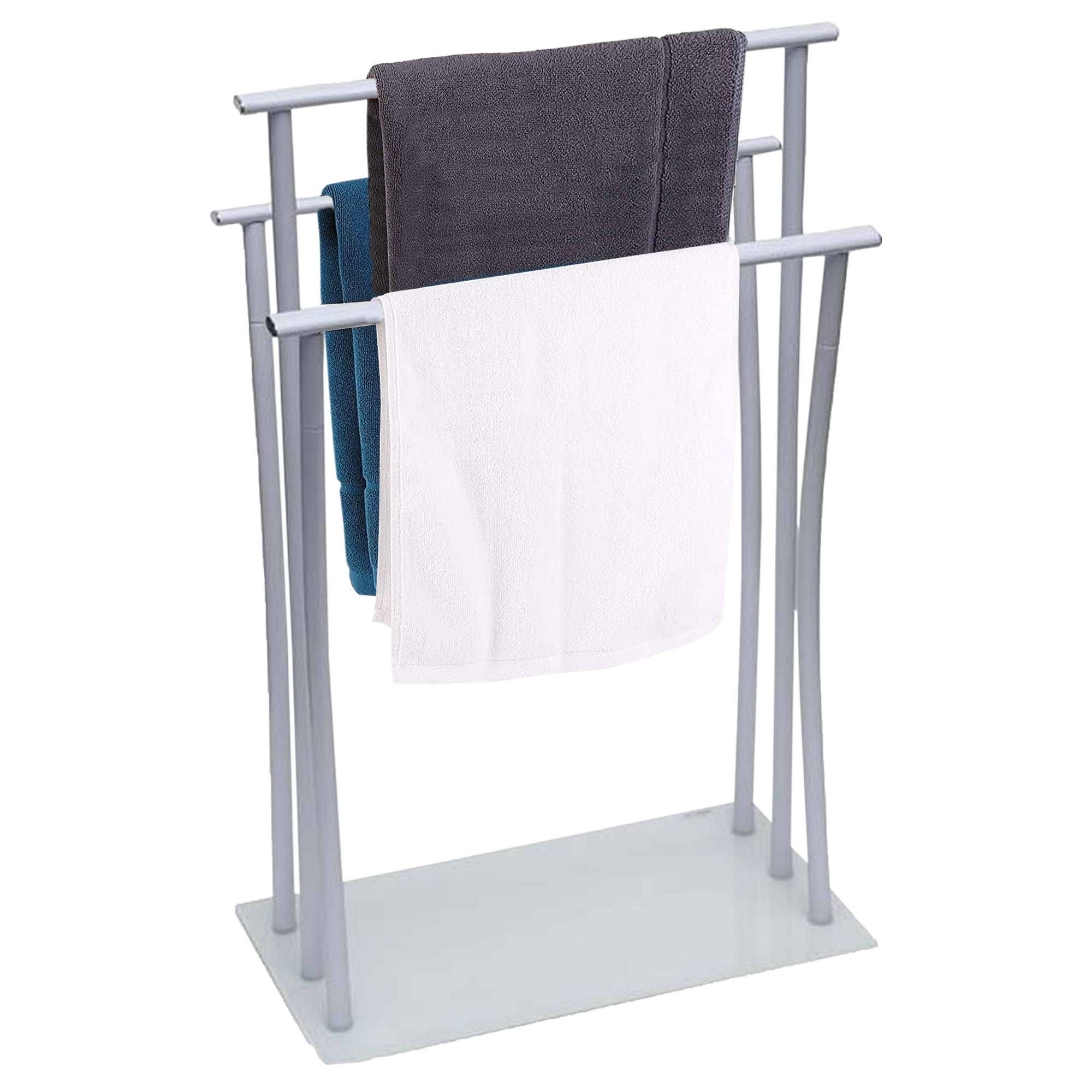 White Metal Freestanding Towel Rack with Glass Base