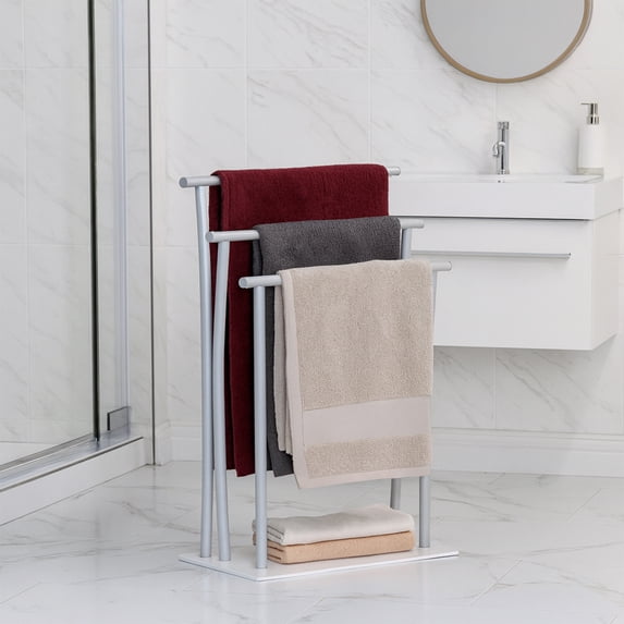 Freestanding Towel Rack Three Bars Tempered White Glass Base