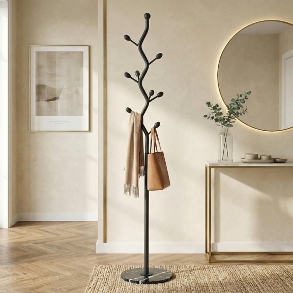 Freestanding Tree Branch Coat Rack With Black Marble Base All Black