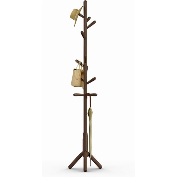 Freestanding Tree-Shaped Coat Rack with 11 Hooks, 3-Leg Base, Dark Walnut, 75" Height, Rubberwood