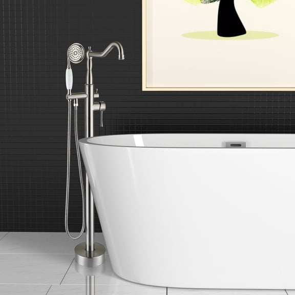 Freestanding Tub Faucet with Hand Shower, Brushed Nickel Metal Bathroom Filler with High Flow Rate Spray, Corrosion Resistant Modern Hardware for Master Bath and Guest Suite