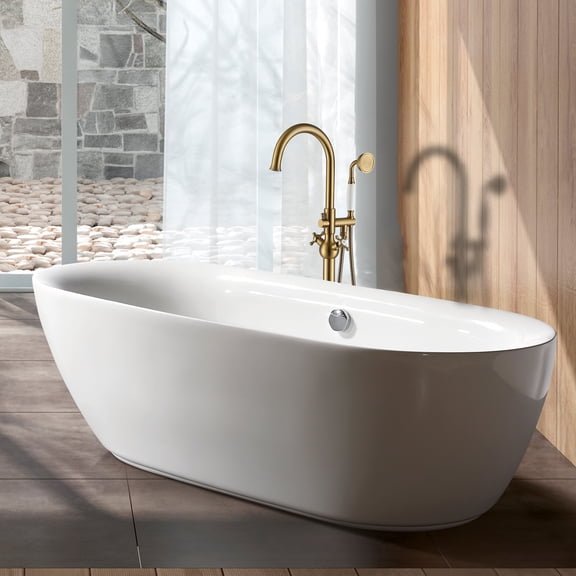 Freestanding Tub Faucet with Hand Shower and Full Body Spray, Brushed Gold Metal Bathroom Tub Filler for Master Bath and Guest Suite, Corrosion Resistant Modern Hardware, 3.9 GPM Flow