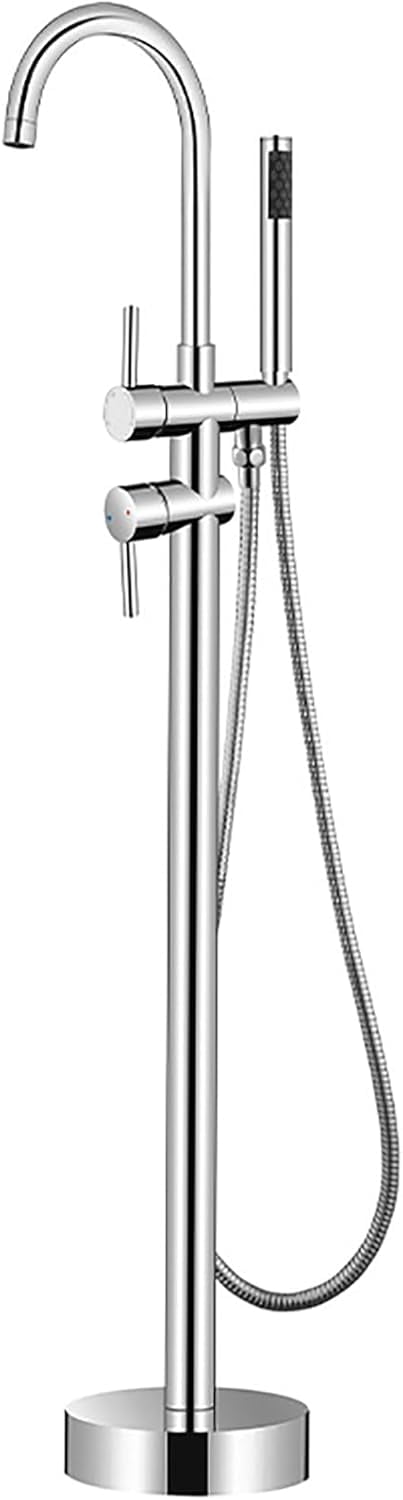 Freestanding Tub Faucet with Hand Shower, Modern Floor Mount Bathtub Filler Set, High Flow Waterfall Spout, Bath Tub Faucet for Soaking Tub and Bathroom Remodel