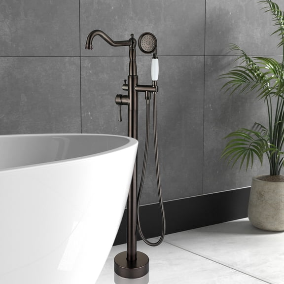 Freestanding Tub Faucet with Hand Shower, Oil-Rubbed Bronze Metal Bathroom Tub Filler, Corrosion Resistant Floor Mount Water Valve with Full Body Spray for Master Bath Suite