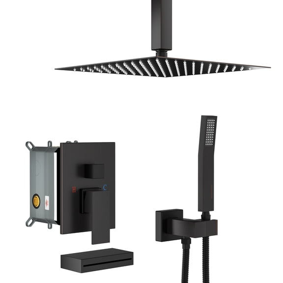 Freestanding Tub Filler Shower System with Waterfall Tub Spout,12 Inch Ceiling Mount Square Shower System with Rough-in Valve,Oil Rubber Bronze,Freestanding Bathtub Faucet