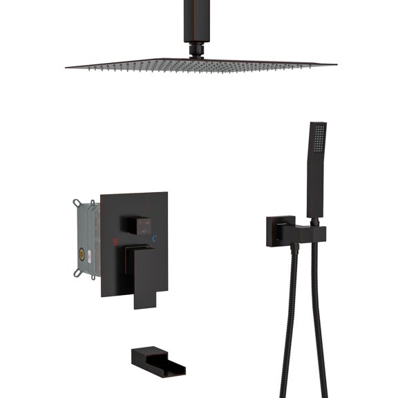 Freestanding Tub Filler Shower System with Waterfall Tub Spout,12 Inch Ceiling Mount Square Shower System with Rough-in Valve, Oil Rubber Bronze,Freestanding Bathtub Faucet