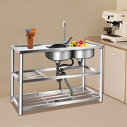Freestanding Utility Sink, 304 Stainless Steel Dual Bowl Laundry Sink with 2 Storage Shelves, 330Lbs Capacity Workstation for Garage, Kitchen, Basement, Tool-Free Assembly