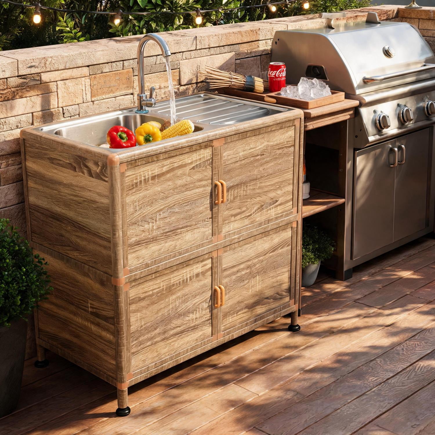 Freestanding Utility Sink with Cabinet and Stainless Steel Basin, Laundry Room Sink and Outdoor Sink Station with Storage and Faucet, Natural Wood and Brown
