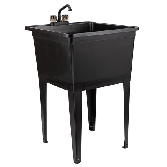 Freestanding Utility Sink With Faucet, Heavy Duty Thermoplastic Laundry Tub, Wash Basin Station With Adjustable Legs, Multi Functional Cleaning Utility Sink For Garage Basement, White