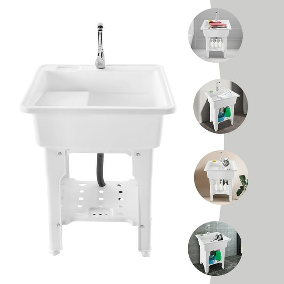 Freestanding Utility Sink Laundry Tub Wash Bowl Basin Hot &Cold Faucet Washboard for Laundry, Bathrooms