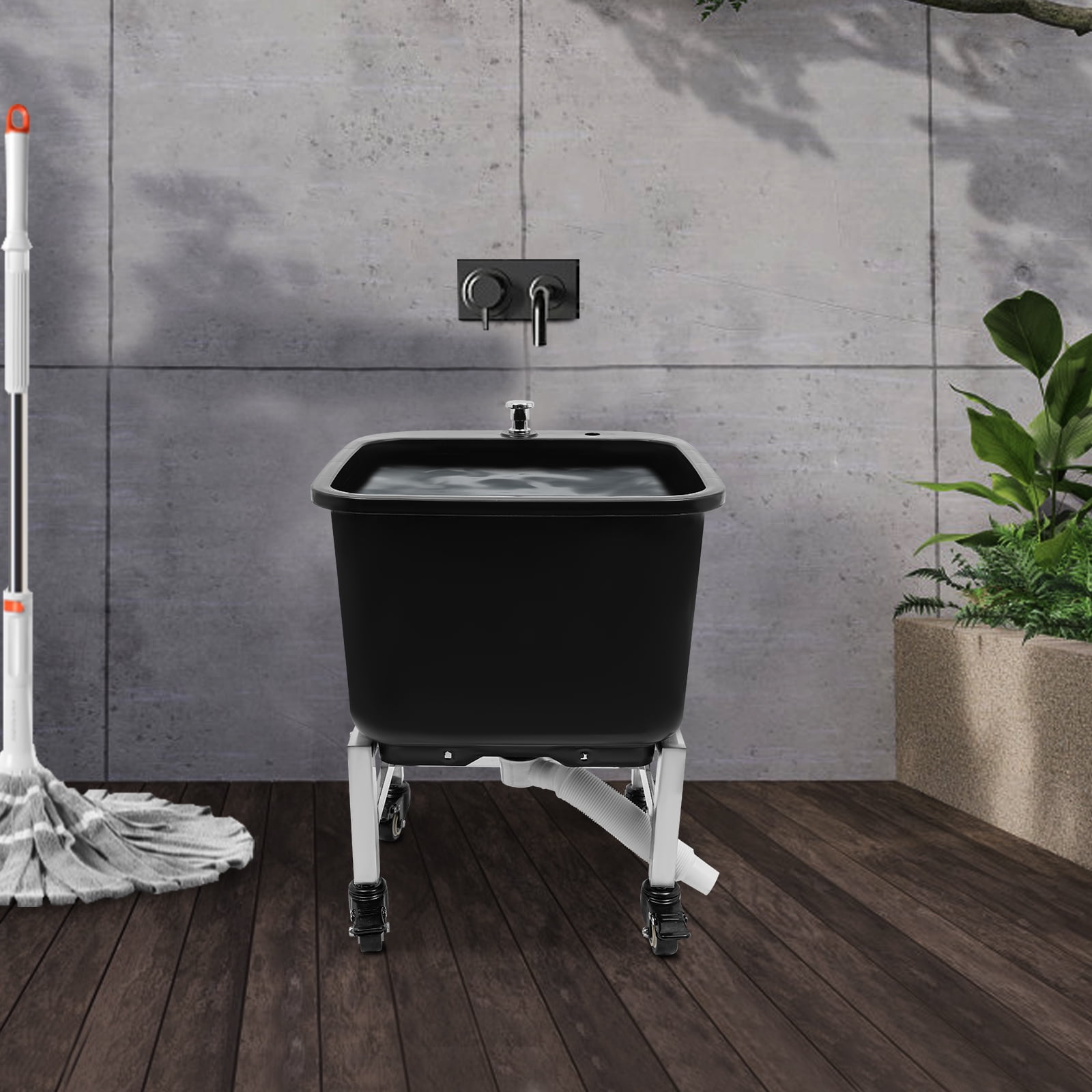 Freestanding Utility Sink Laundry Tub with Smooth Edges, Pop-Up Drain, Raised Bottom for Ventilation, and 4 Wheels for Convenient Mobility