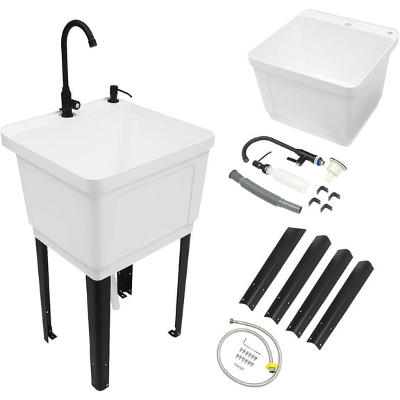 Freestanding Utility Sink, Utility Sink Extra-Deep Laundry Tub, Freestanding Plastic Utility Sink Laundry Tub Sink for Basement, Laundry Room, Garage or Shop (White)