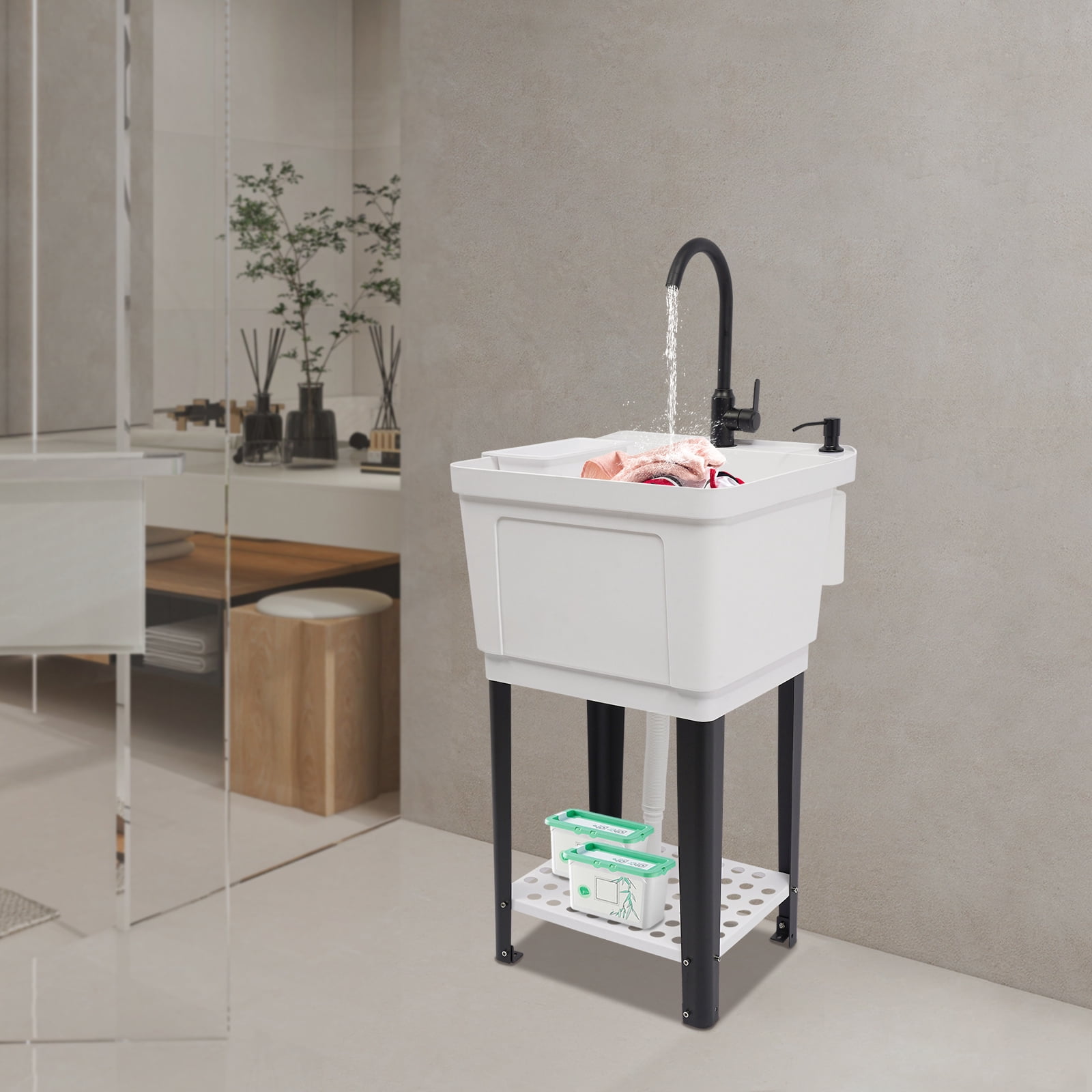 Freestanding Utility Sink White Modern Laundry Sink w/ Faucet & Hoses Drain Kit
