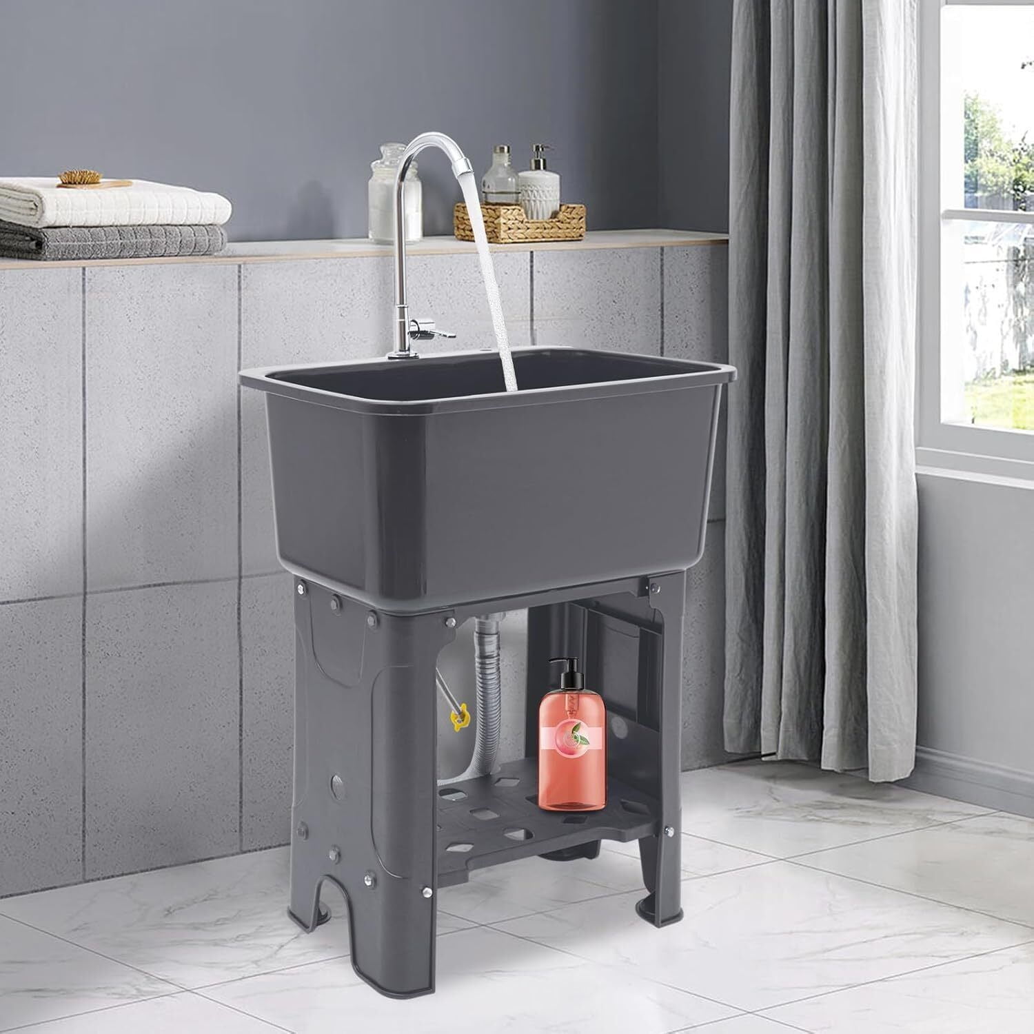 Freestanding Utility Sink with 360° Rotatable Faucet, Washboard, Anti-slip Feet, and Ample Storage for Laundry, Kitchen, and Commercial Use