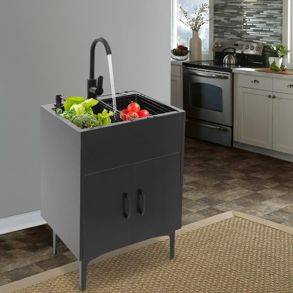 Freestanding Utility Sink with Cabinet Laundry Stainless Steel Sink with Faucet