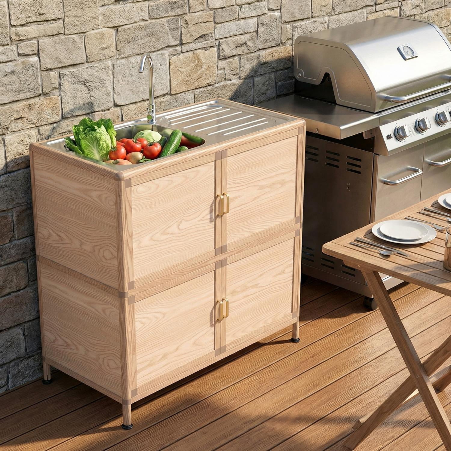 Freestanding Utility Sink with Cabinet and Stainless Steel Basin, Laundry Room Sink and Outdoor Sink Station with Storage and Faucet, Natural Wood