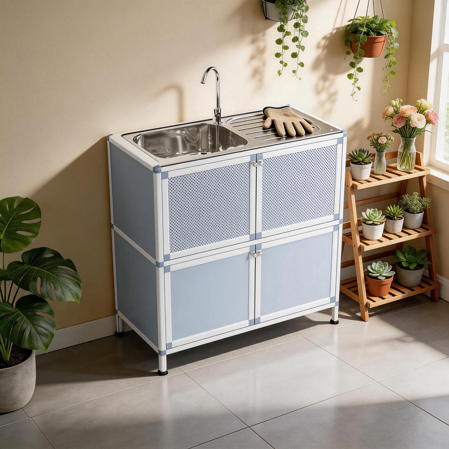 Freestanding Utility Sink with Cabinet and Stainless Steel Basin, Laundry Room Sink and Outdoor Sink Station with Storage and Faucet, Silver