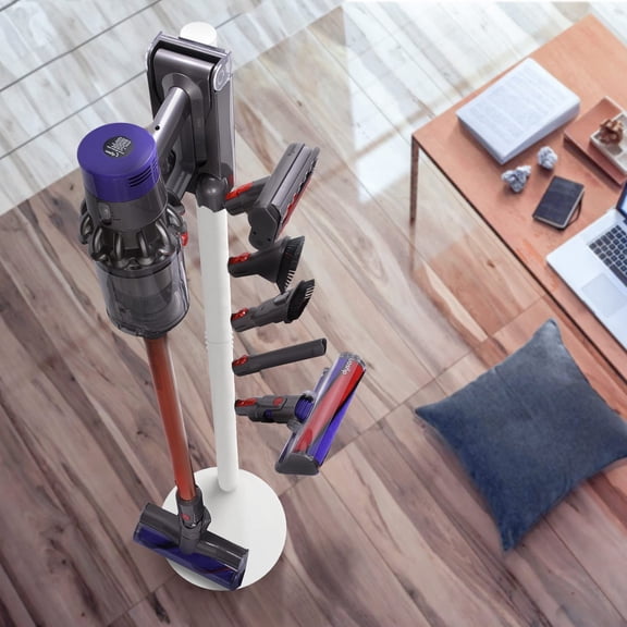 Freestanding Vacuum Stand Holder Compatible with V15 Detect V11 V10 V8 V7 V6 Cordless Vacuum Cleaners Floor Docking Station Metal Organizer Bracket with 5 Hooks White