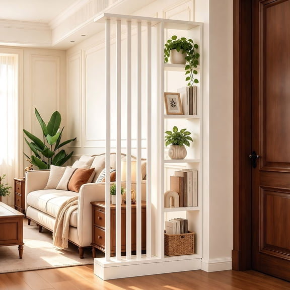 Freestanding White Room Divider With Storage Shelves 5-Tier Slatted Bookcase Modern Decorative Privacy Divider