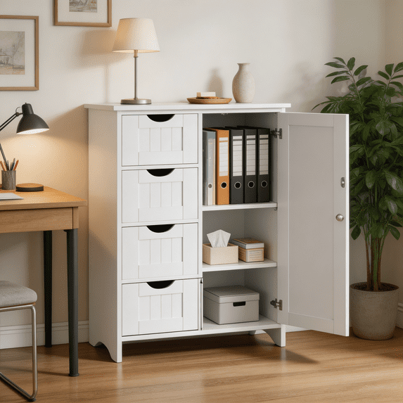 Freestanding White Storage Cabinet, Bathroom Floor Organizer with 4 ...
