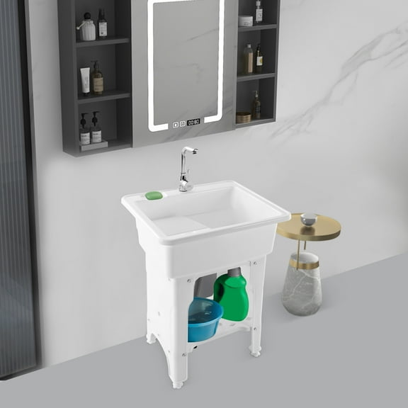 Freestanding White Utility Laundry Sink Bowl Wash Tub Basin Faucet Drain Home