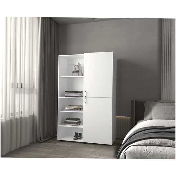 Freestanding White Wardrobe Armoire with Hanging Bar for Closet Organization
