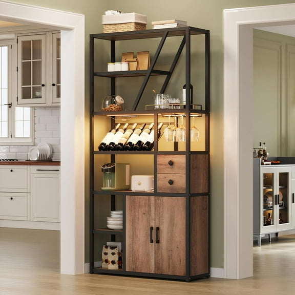 Freestanding Wine Rack, Wine Bottle Holders Stands, Coffee Bar Storage Organizer Display Rack Table for Kitchen, Dining Room, Small Spaces
