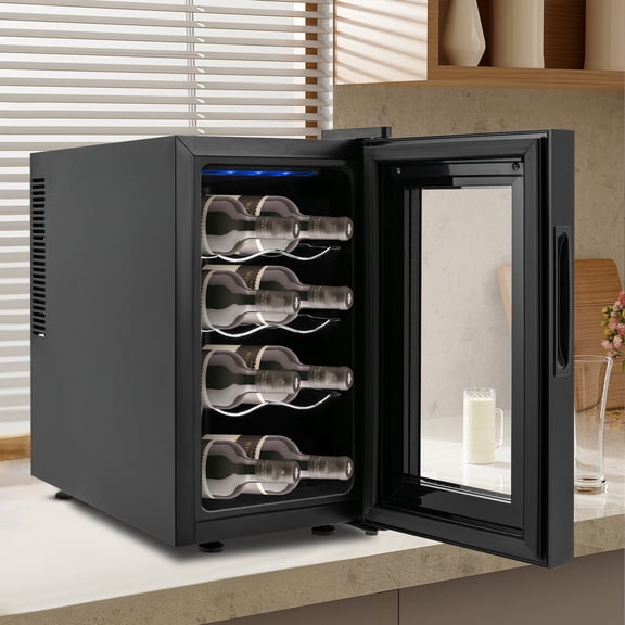 Freestanding Wine Refrigerator Built-In Blue LED Light Clear View Window Removable Metal Storage Racks