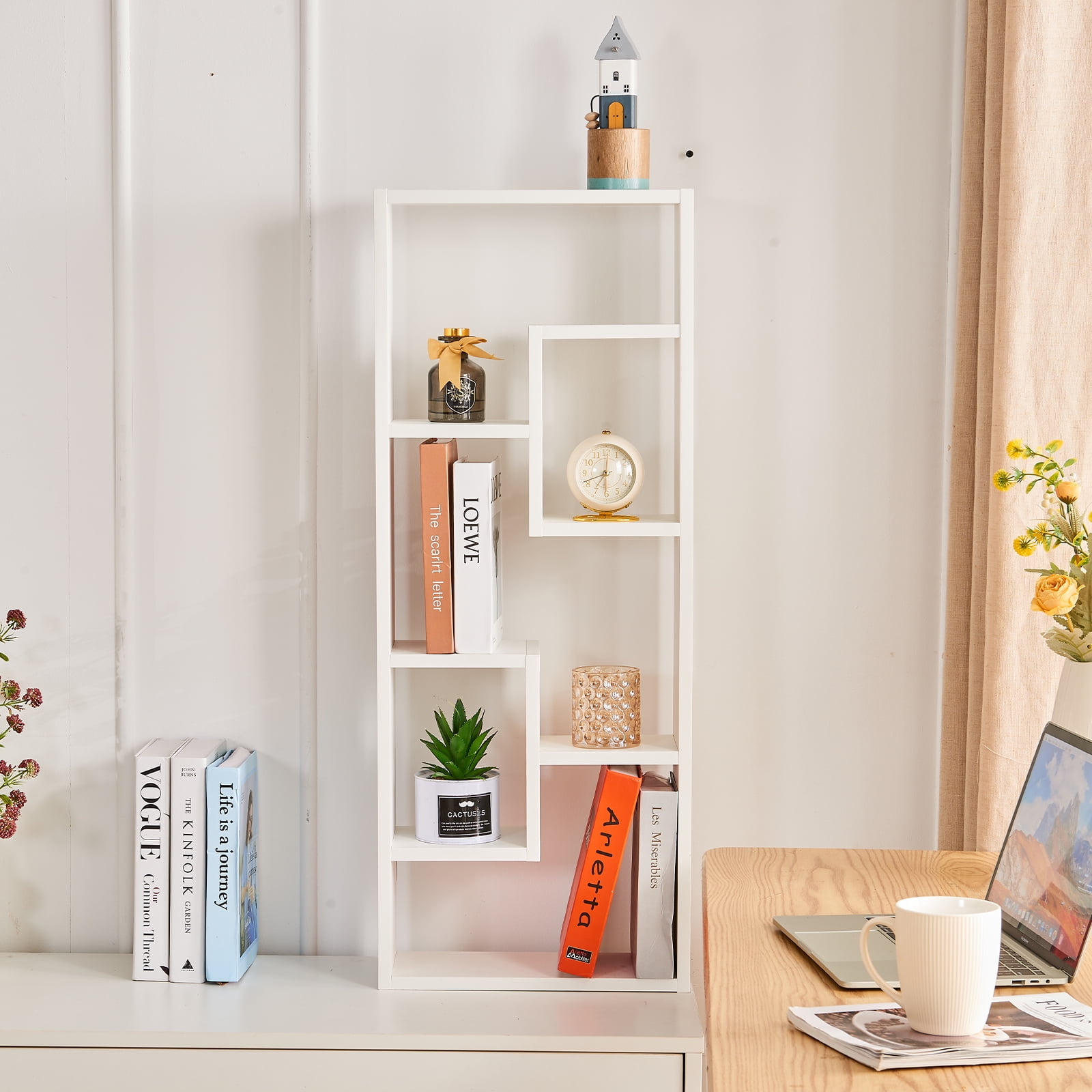 Freestanding Wood Open Bookcase with 5 Cubes, with 2 keyhole hangers ...