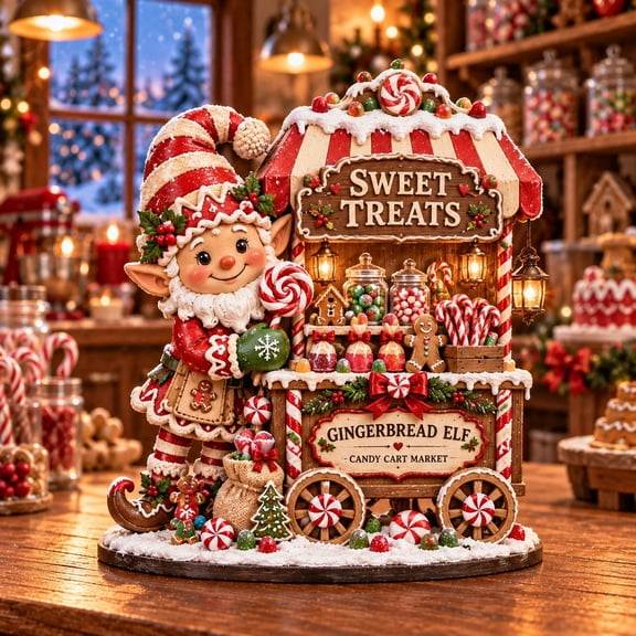 Freestanding Wooden Block Sign Gingerbread Elf Candy Cart Christmas Decor