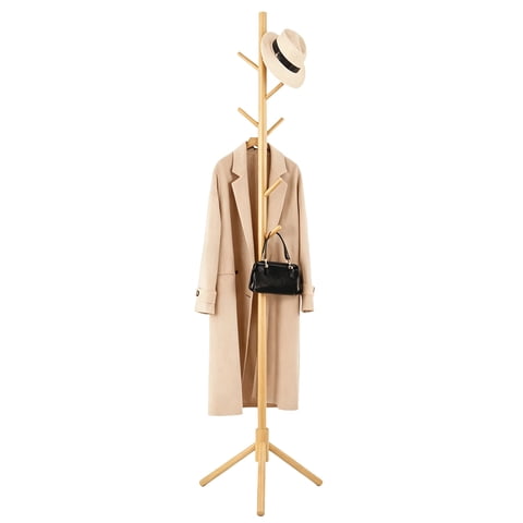 Askmuse Freestanding Wooden Coat Rack,3 Adjustable Heights,8 Hooks,Coat Tree for Kids Adults,Sturdy Hat Jacket Stand for Bedroom,Office,Foyer