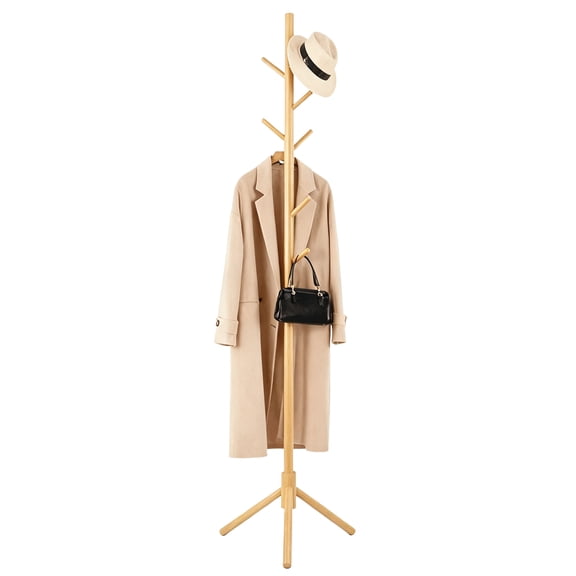 Askmuse Freestanding Wooden Coat Rack,3 Adjustable Heights,8 Hooks,Coat Tree for Kids Adults,Sturdy Hat Jacket Stand for Bedroom,Office,Foyer