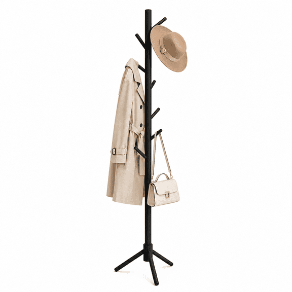 Space-Saving Coat Rack with 8 Hooks, Adjustable Height, Durable Coated Finish, Lightweight Pine Wood, Ideal for Bedroom, Hallway & Entryway