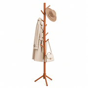 Space-Saving Coat Rack with 8 Hooks, Adjustable Height, Durable Coated Finish, Lightweight Pine Wood, Ideal for Bedroom, Hallway & Entryway