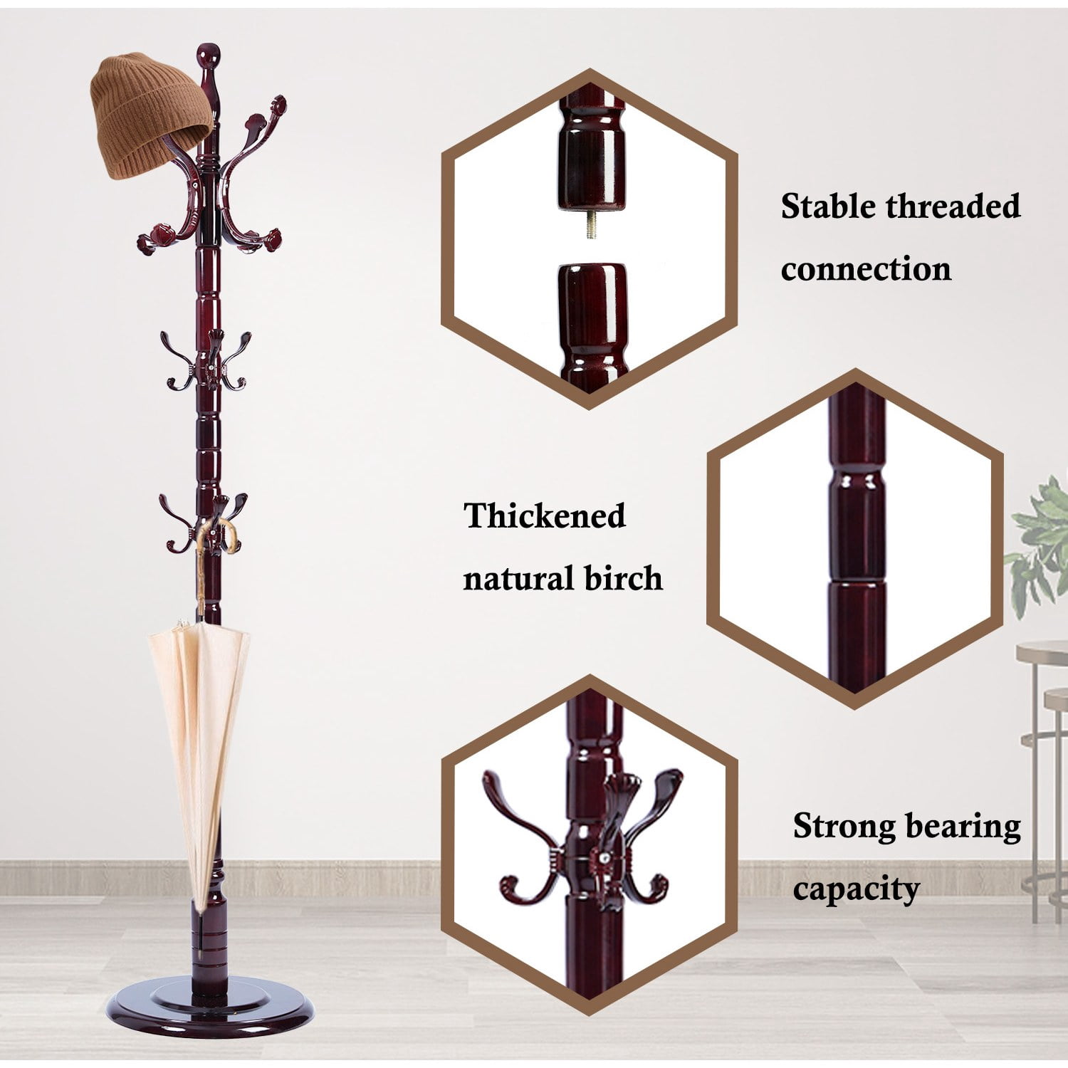 Freestanding Wooden Coat Rack, Natural Birch Wood Coat Tree with 14 Hooks, Sturdy Hall Tree for Entryway & Office