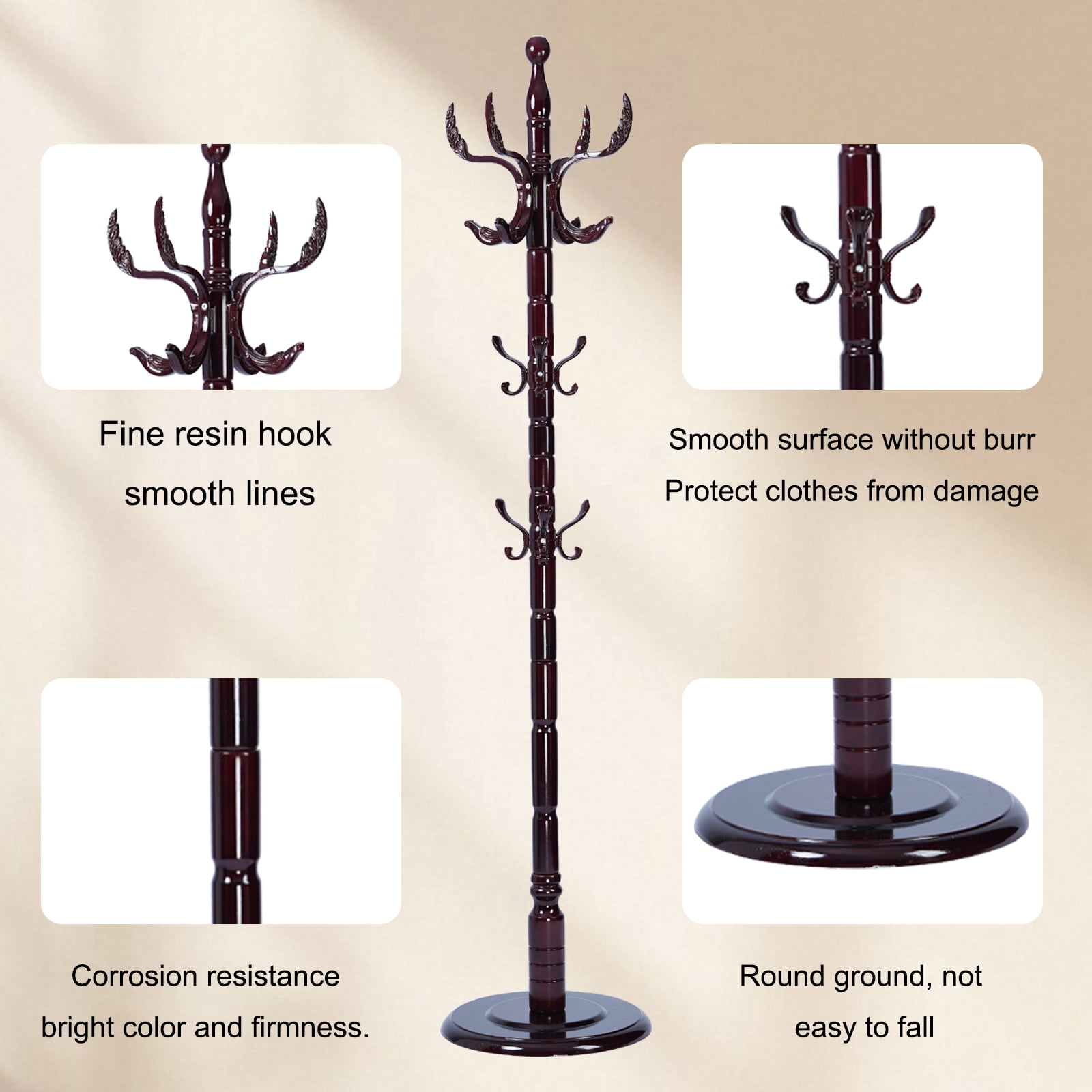 Coat Riac Freestanding Wooden Coat Rack, Natural Birch Wood Coat Tree with 14 ...