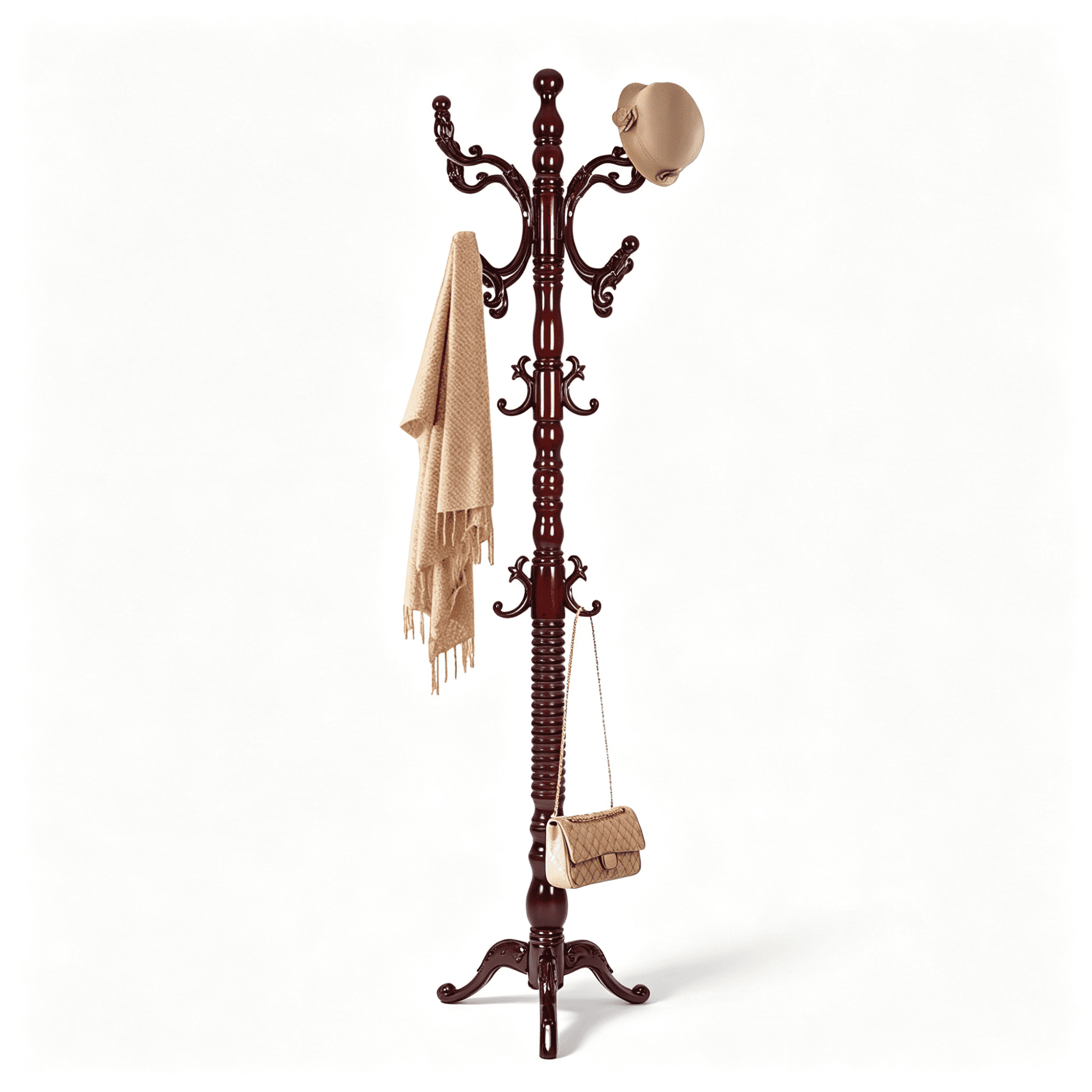 Freestanding Wooden Coat Rack, Natural Birch Wood Coat Tree with 14 Hooks, Sturdy Hall Tree for Entryway & Office