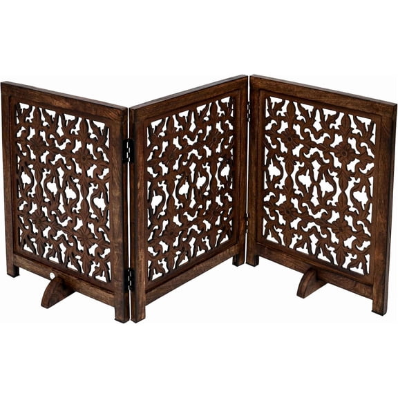 Freestanding Wooden Dog Gate, 54” Wide Foldable 3-Panel Pet Gate with Flower Design for Stairs & Doorways, Burnt Finish